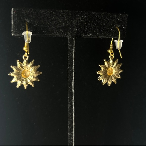 Nickel-Free Handmade Gold Sunflower Dangle Earrings with Crystal Petals - Picture 2 of 5